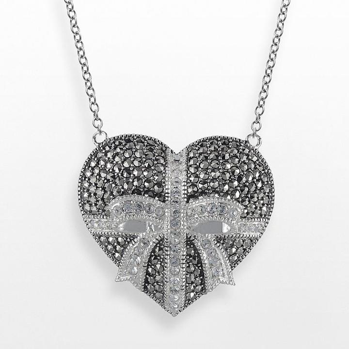 Lavish By Tjm Sterling Silver Crystal Heart And Bow Pendant - Made With Swarovski Marcasite, Women's, Size: 18, White