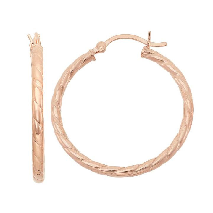 14k Rose Gold Over Silver Textured Rope Hoop Earrings, Women's, Pink