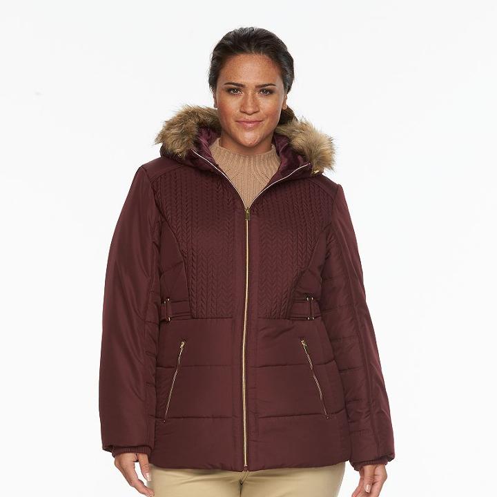 Plus Size D.e.t.a.i.l.s Hooded Chevron-stitch Puffer Jacket, Women's, Size: 2xl, Red