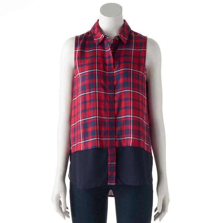 Women's Rock & Republic&reg; Plaid Sleeveless Shirt, Size: Medium, Med Red