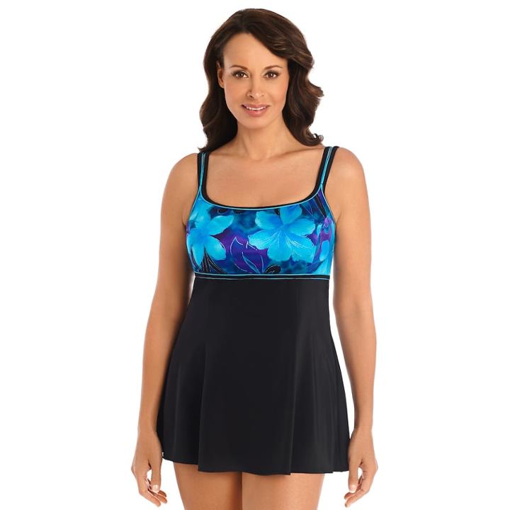 Women's Great Lengths Tummy Slimmer Printed Empire Swimdress, Size: 10, Blue