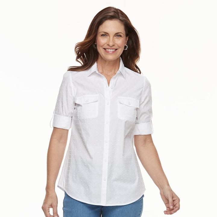 Women's Croft & Barrow&reg; Roll-tab Woven Shirt, Size: Medium, White