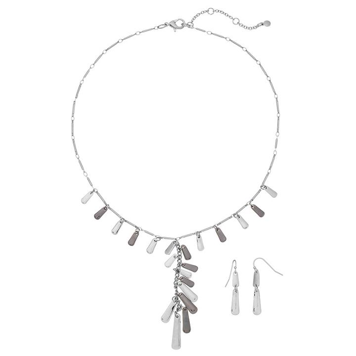 Two Tone Bar Y Necklace & Drop Earring Set, Women's, Silver