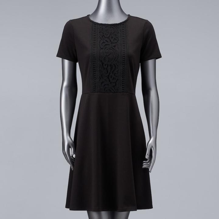 Women's Simply Vera Vera Wang Lace Inset Fit & Flare Dress, Size: Medium, Black
