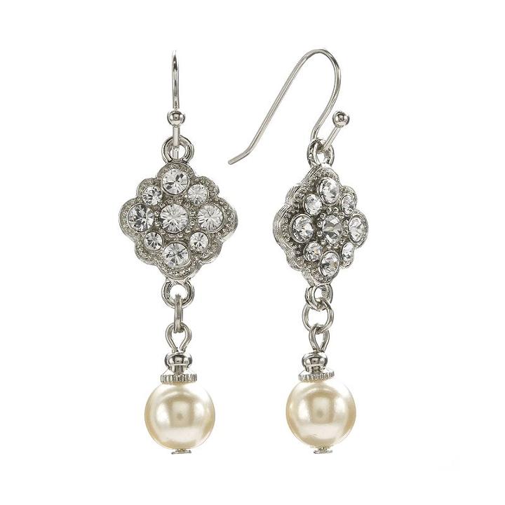 1928 Silver Tone Crystal And Simulated Pearl Drop Earrings, Women's