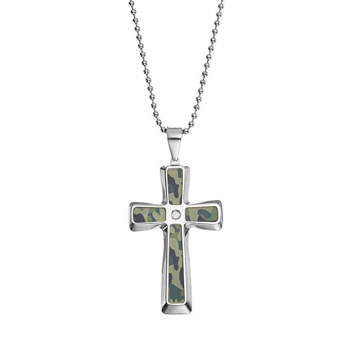 Diamond Accent Stainless Steel Camouflage Cross Pendant Necklace - Men, Size: 24, Green