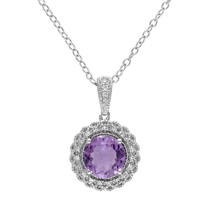 Stella Grace Sterling Silver Amethyst & 1/10 Carat T.w. Diamond Halo Pendant, Women's, Size: 18, Purple