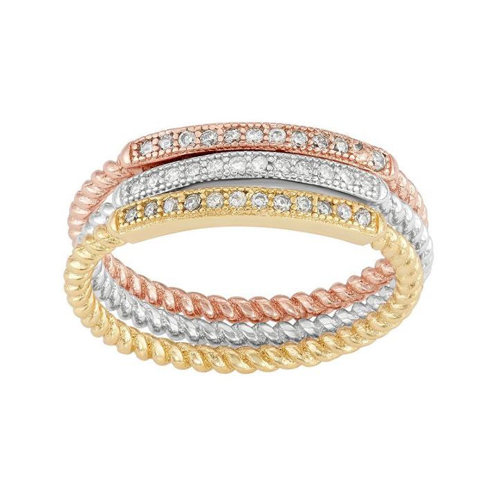 Cubic Zirconia Tri-tone Sterling Silver Twist Stack Ring Set, Women's, Size: 6, Multicolor