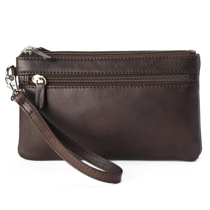 Ili Double-zip Leather Wristlet, Women's, Dark Brown