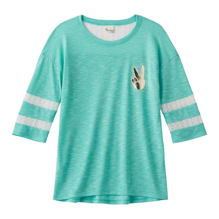 Girls Plus Size Mudd&reg; Lace Yoke Varsity Tee, Size: 18 1/2, Turquoise/blue (turq/aqua)
