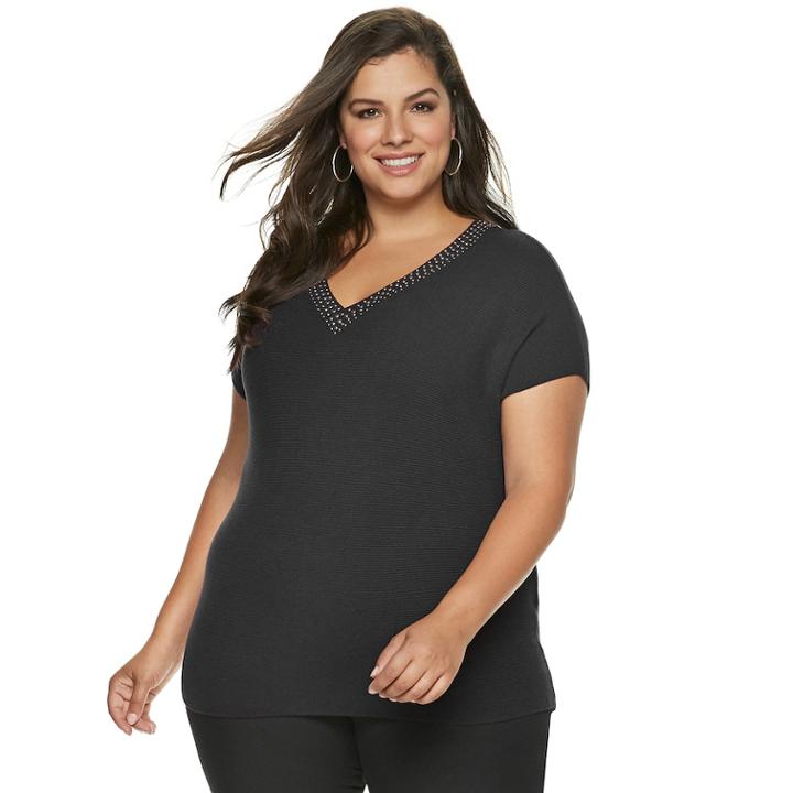 Plus Size Jennifer Lopez Studded V-neck Sweater, Women's, Size: 0x, Black