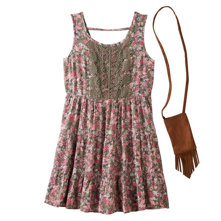 Girls 7-16 Knitworks Crochet Front Tiered Floral Dress With Crossbody Purse, Girl's, Size: 8, Med Green