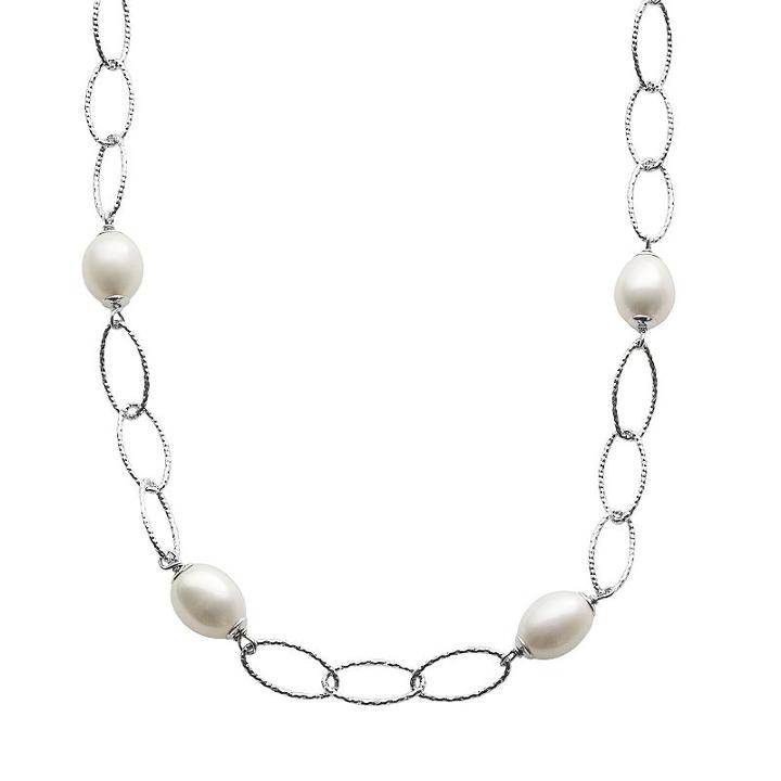 Pearlustre By Imperial Freshwater Cultured Pearl Sterling Silver Textured Oval Link Station Necklace, Women's, White