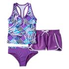 Girls 7-16 Zeroxposur Mesh Racerback Tankini Top, Bottoms & Dolphin Shorts Swimsuit Set, Girl's, Size: 14, Lt Purple