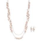 Rose Gold Tone Simulated Pearl Double Strand Necklace & Drop Earring Set, Women's, Pink