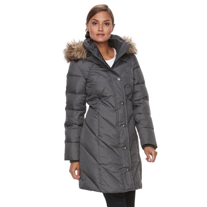Women's Tower By London Fog Quilted Faux-fur Trim Coat, Size: Xl, Grey (charcoal)