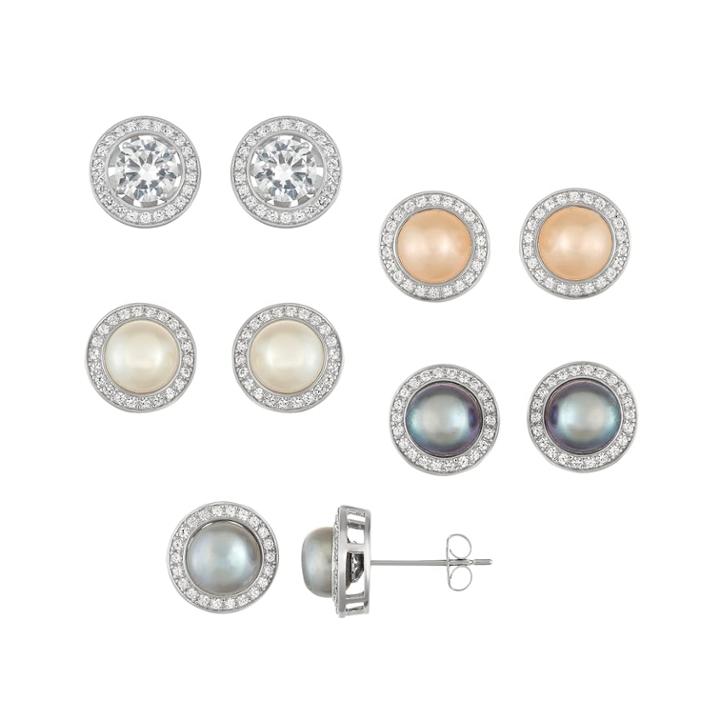 Sterling Silver Dyed Freshwater Cultured Pearl & Lab-created White Sapphire 5-pair Halo Earring Set, Women's