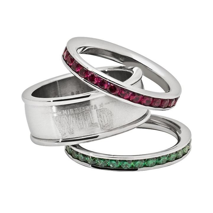 Logoart Minnesota Wild Stainless Steel Crystal Stack Ring Set, Women's, Size: 8, Multicolor