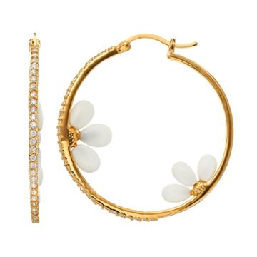 Sophie Miller Cubic Zirconia And Simulated White Agate 14k Gold Over Silver Floral Hoop Earrings, Women's