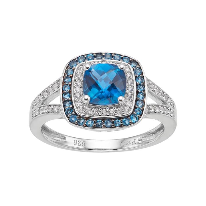 Sterling Silver Blue Topaz & Lab-created White Sapphire Square Halo Ring, Size: 7
