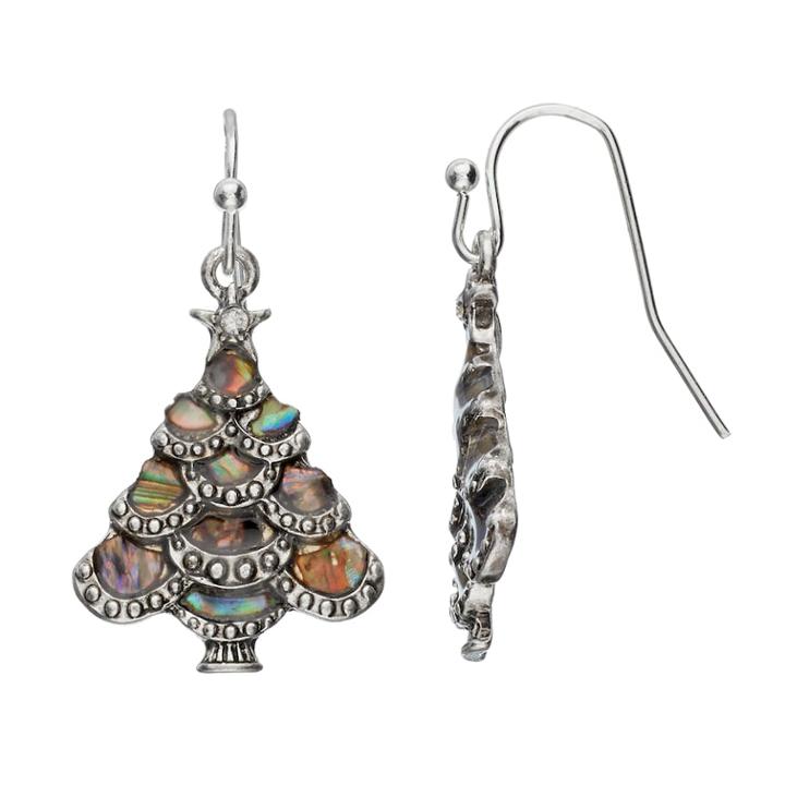 Simulated Abalone Christmas Tree Nickel Free Drop Earrings, Women's, Silver