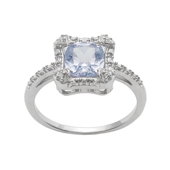 Radiant Gem Sterling Silver Simulated Aquamarine & Diamond Accent Halo Ring, Women's, Size: 8, Blue