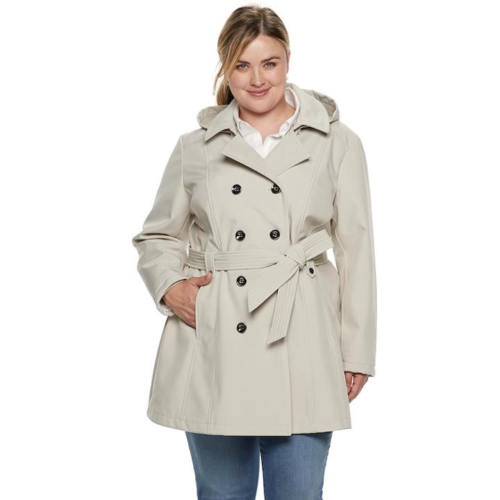 Plus Size Sebby Collection Double-breasted Hooded Soft Shell Jacket, Women's, Size: 3xl, Med Beige