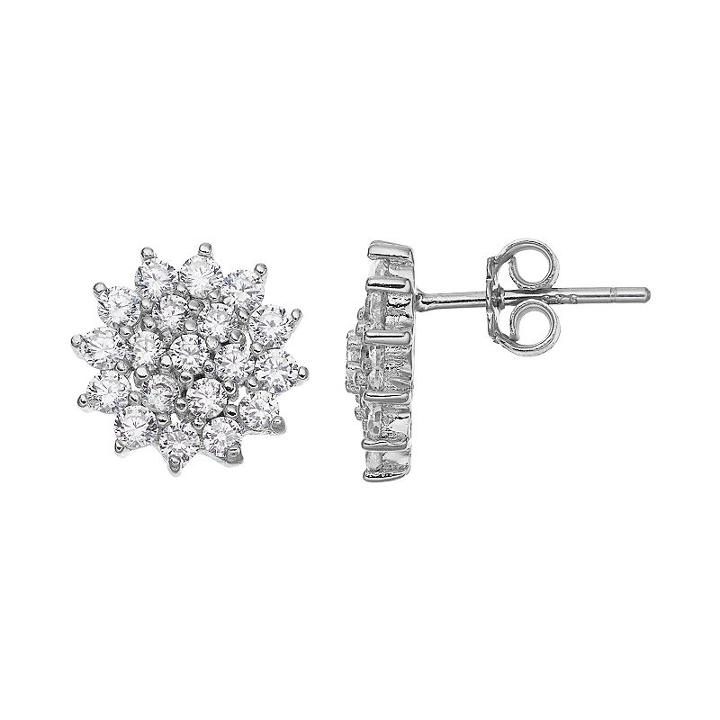 Silver Tone Cubic Zirconia Flower Stud Earrings, Women's, Grey
