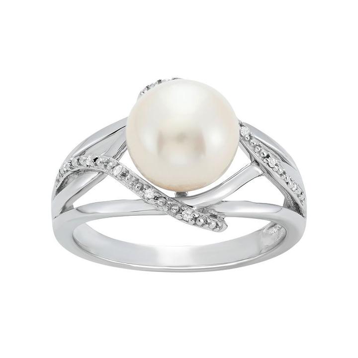 Freshwater Cultured Pearl And Diamond Accent Sterling Silver Openwork Ring, Women's, Size: 7, White