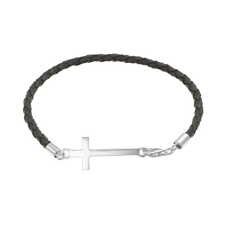Sterling Silver Sideways Cross Link Woven Leather Bracelet, Women's, Size: 7.5, Grey
