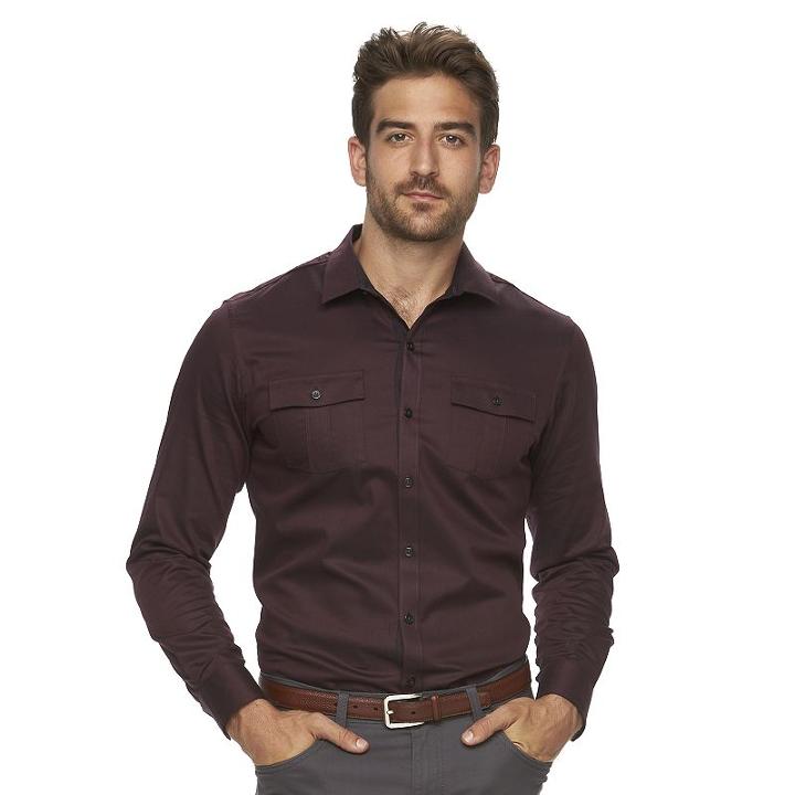 Men's Marc Anthony Slim-fit Military Stretch Button-down Shirt, Size: Large, Dark Red