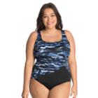 Plus Size Great Lengths Tummy Slimmer Sash Detail One-piece Swimsuit, Women's, Size: 18, Blue