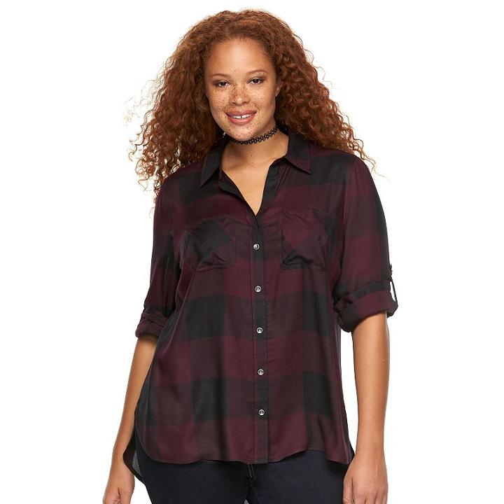 Plus Size Rock & Republic&reg; Plaid Roll-tab Shirt, Women's, Size: 2xl, Red