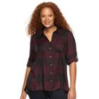 Plus Size Rock & Republic&reg; Plaid Roll-tab Shirt, Women's, Size: 2xl, Red