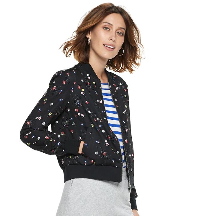 Women's Popsugar Floral Bomber Jacket, Size: Medium, Black