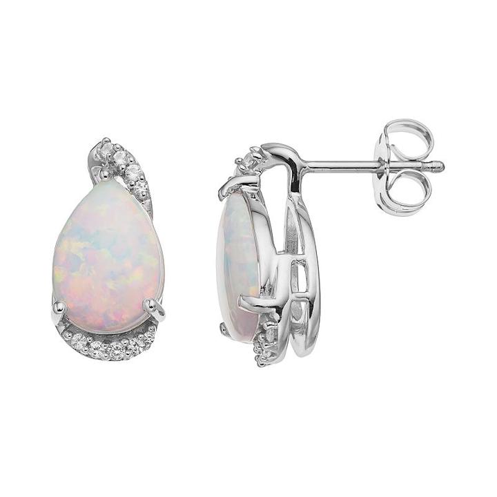 Sterling Silver Lab-created White Opal & Lab-created White Sapphire Teardrop Earrings, Women's