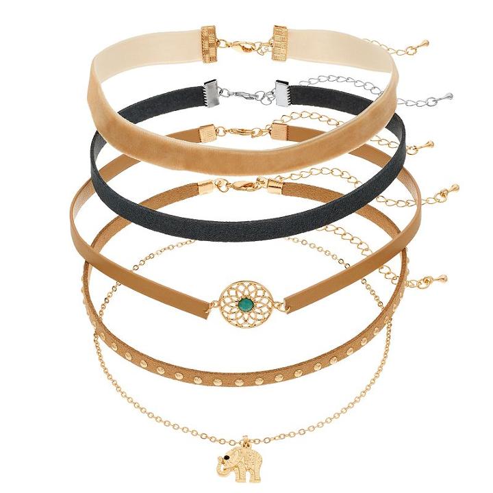 Elephant, Medallion, Studded & Velvet Choker Necklace Set, Women's, Multicolor