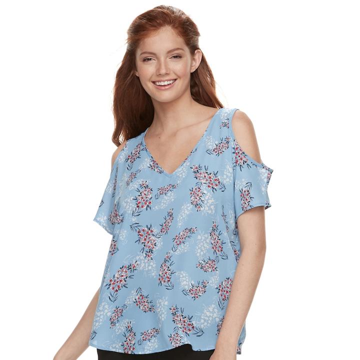 Juniors' Pink Republic Cold-shoulder V-neck Tee, Teens, Size: Small, Blue