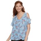 Juniors' Pink Republic Cold-shoulder V-neck Tee, Teens, Size: Small, Blue