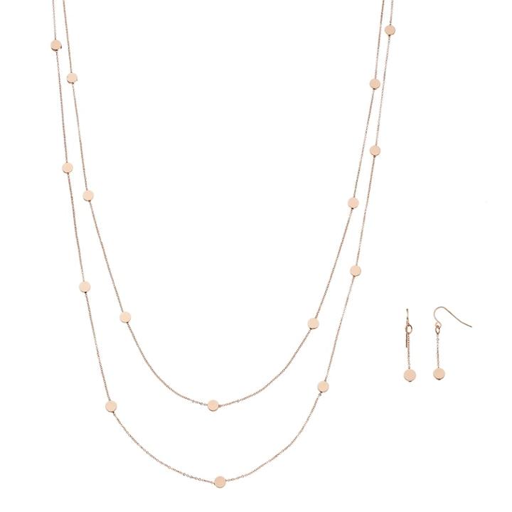 Long Disc Double Strand Necklace & Drop Earring Set, Women's, Pink