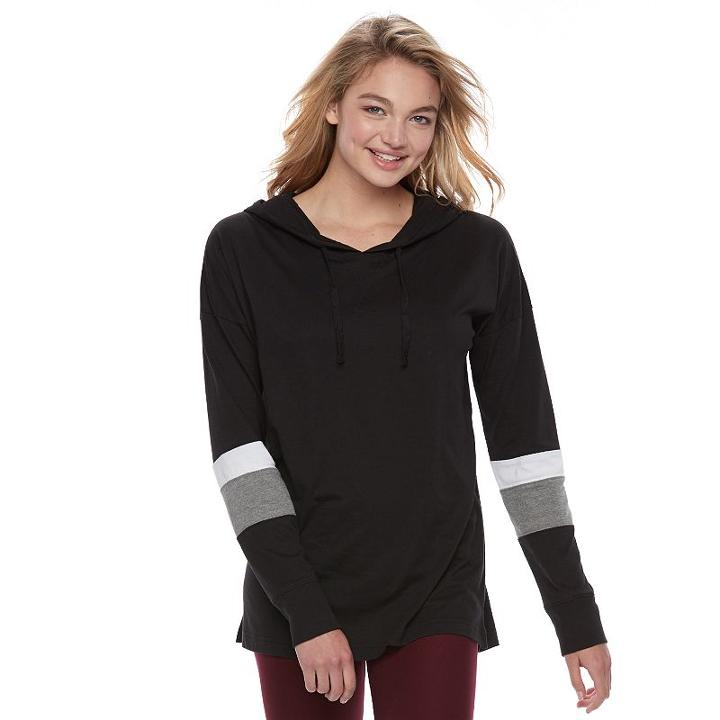 Juniors' So&reg; Perfectly Soft Striped Sleeve Hooded Tee, Teens, Size: Medium, Black