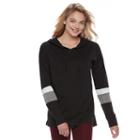 Juniors' So&reg; Perfectly Soft Striped Sleeve Hooded Tee, Teens, Size: Medium, Black
