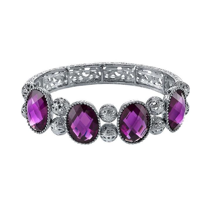 1928 Purple Faceted Oval & Filigree Bead Stretch Bracelet, Women's, Size: 7