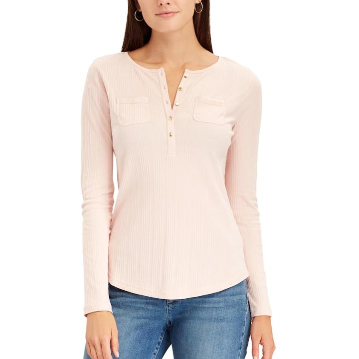 Women's Chaps Pocket Henley, Size: Small, Pink