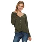 Juniors' Mudd&reg; Waffle-knit Button Front Long Sleeve Top, Teens, Size: Small, Dark Brown