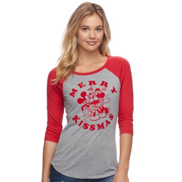 Juniors' Merry Kissmas Mickey & Minnie Tee, Teens, Size: Medium, Dark Grey