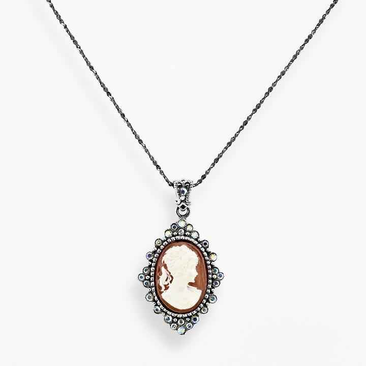 Sterling Silver Crystal Cameo Pendant, Women's, Size: 16, Brown