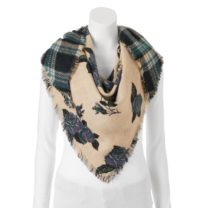 Candie's&reg; Rose & Plaid Reversible Triangle Scarf, Women's, Dark Beige
