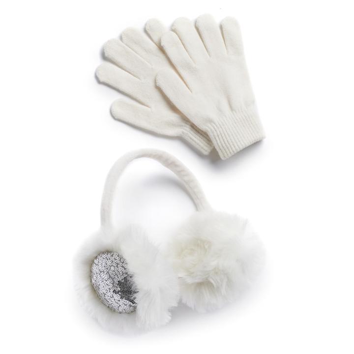 Girls 4-16 So&reg; Sequin Earmuffs & Gloves Set, White
