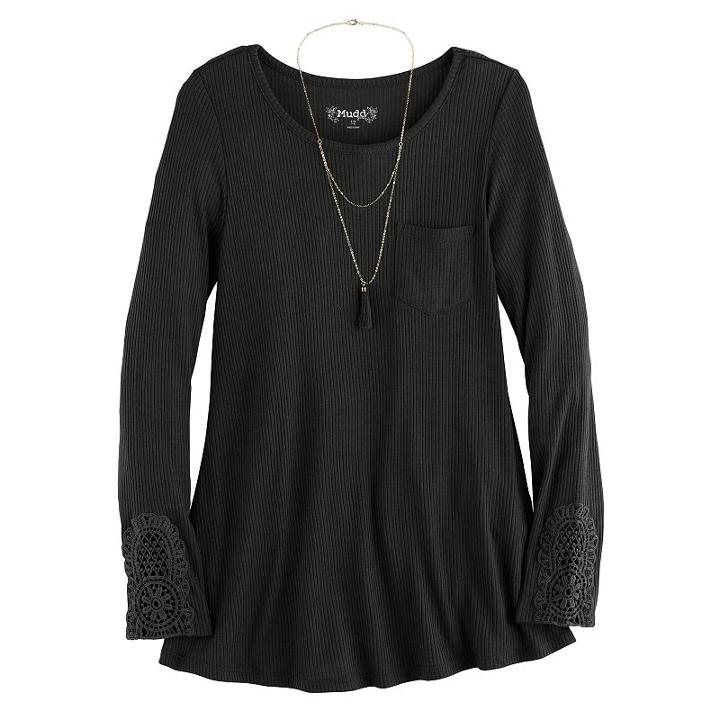 Girls 7-16 & Plus Size Mudd&reg; Ribbed Pocket Jegging Tee With Necklace, Size: 7-8, Black